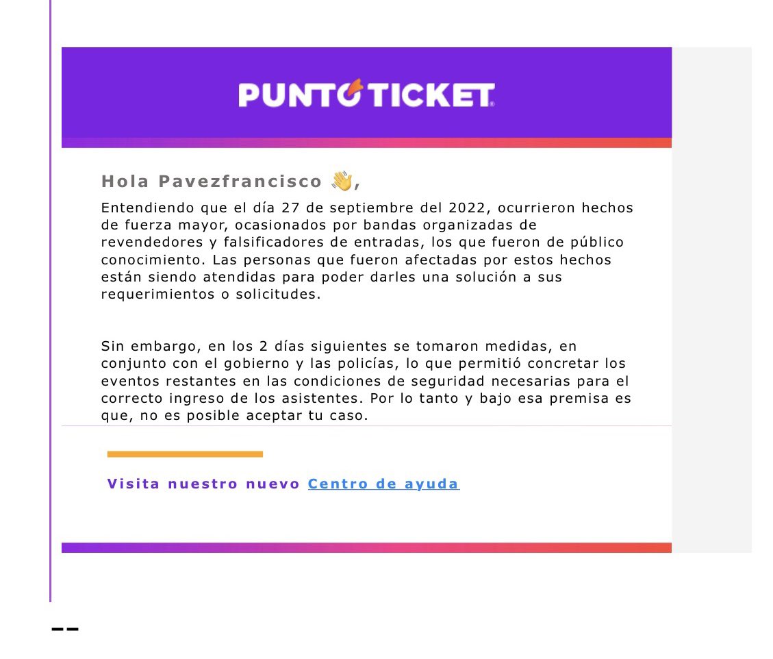 paly13's tweet photo. @SERNAC @bizarrolivecl @puntoticket Esa fue nuestra vil respuesta!!!! Un copy page para todos los Que compramos y no pudimos entrar… QUIERO MI DINERO!!!!!!! https://t.co/FRgv44tkWy