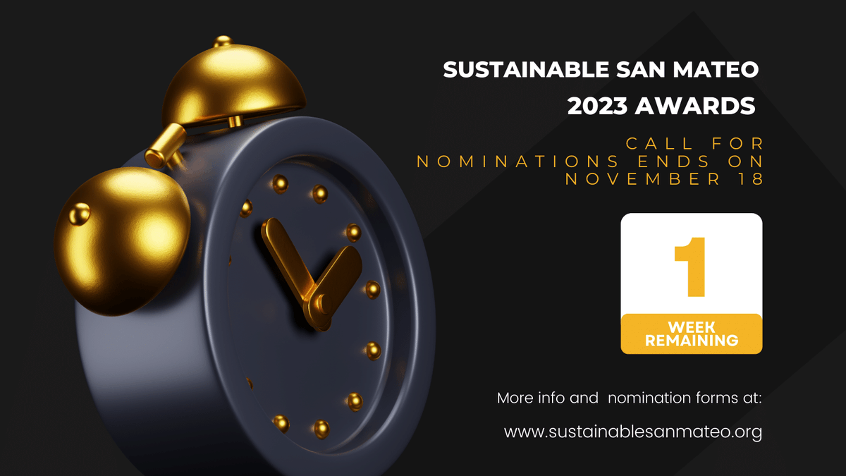 Sustainable San Mateo County's Call for Nominations for its 2023 Sustainability and Green Building Awards ends on 11/18/22. Check out our Awards home page for more info and to access the nomination form: sustainablesanmateo.org/home/2023-call…