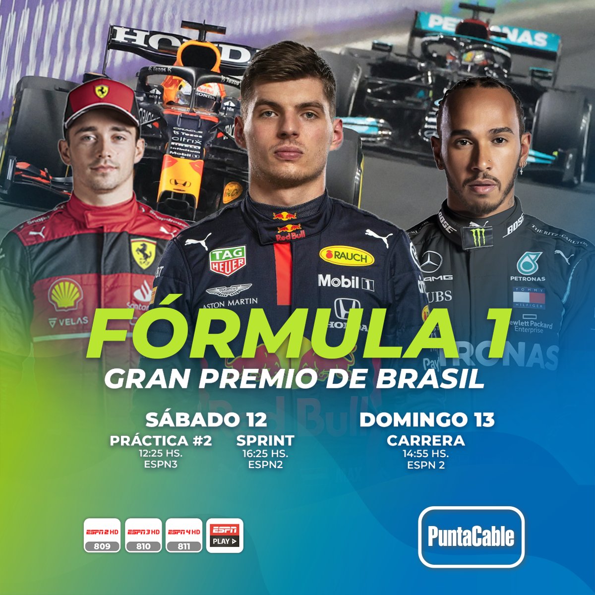 puntacable's tweet photo. 🏎Hoy sábado y mañana domingo, disfrutamos de la FÓRMULA 1 " Gran Premio de Brasil"
Por #PuntaCable a través de #ESPN2, #ESPN3, #ESPN4 y #ESPNPlay https://t.co/SCuKcsJpBx