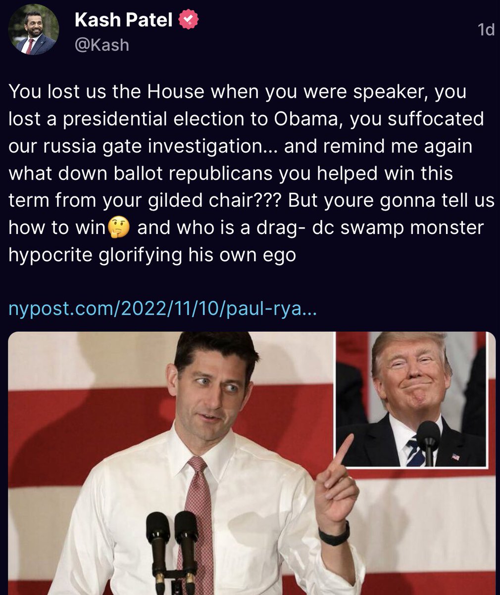 leslibless's tweet photo. The response from Kash, after Ryan said “Trumps kinda a drag on our ticket. I think Donald Trump gives us problems, politically.” 
Ryan is traitorous RINO! https://t.co/D4XzuecaFK