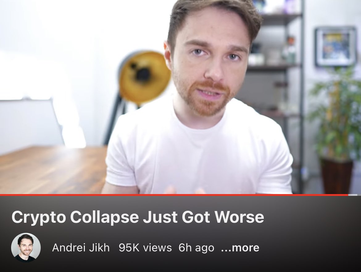 Huge BlockFi promoter Andrei Jikh tells ppl to get their money off BlockFi  in his latest video “while they still can” but he was several hrs too late,  BlockFi halted withdrawals. 💀💀