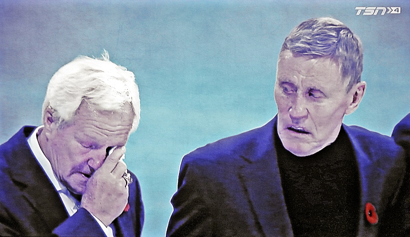 Berger_BYTES's tweet photo. They say a picture is worth a thousand words. How about this #TSN image of former #Leafs captain Darryl Sittler wiping away a tear while watched by Borje Salming, who is dying of ALS (or Lou Gehrig's Disease). Two great teammates from the 1970's. Sad. And, poignant.😢 https://t.co/3JS22kuh7Y