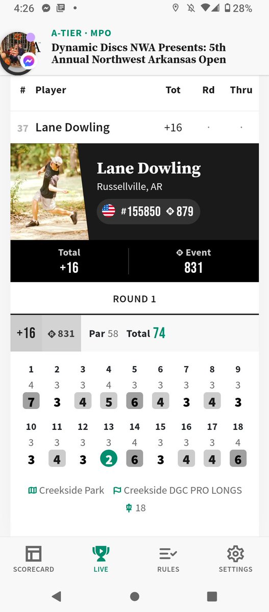 LaneDowlingDisc's tweet photo. Off to a very rough start for my first MPO Event round! Tomorrow at Jbeast wish me luck bc I need it #discgolf #dynamicdiscsquad #dynamicdisc #dgpt #discgolfprotour https://t.co/Ub8jfU7cub