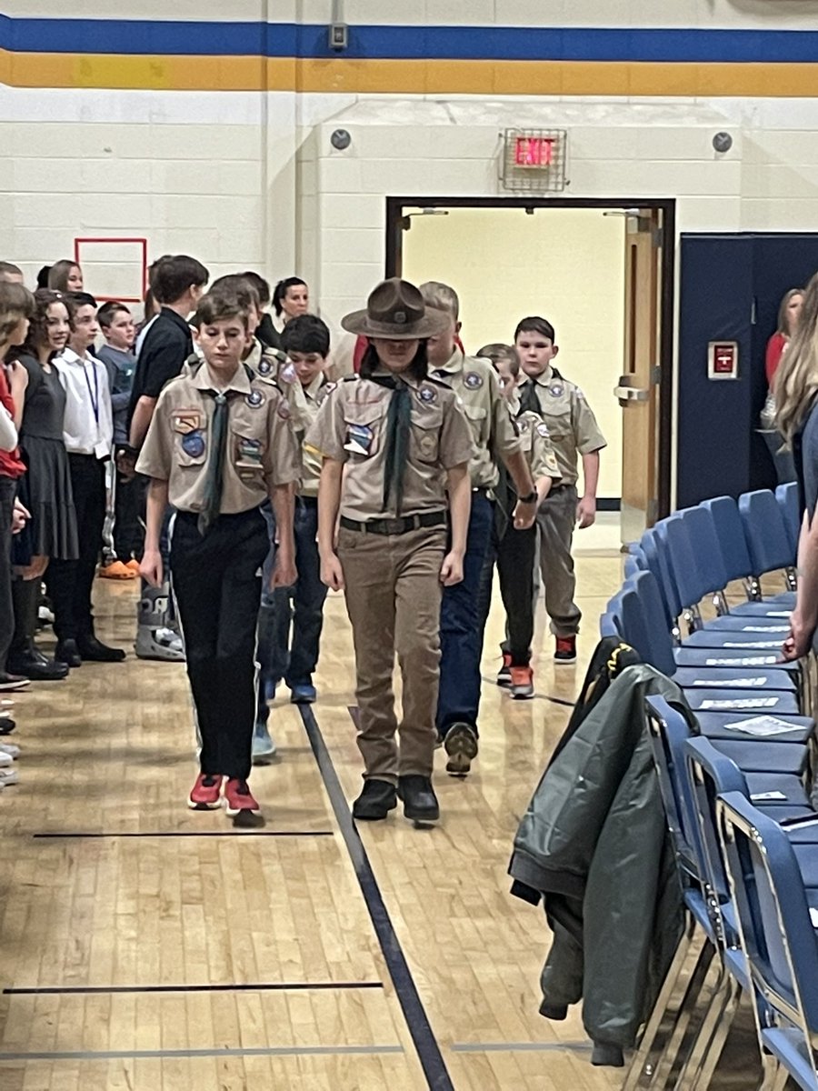 mseavert's tweet photo. Scout Troop 574 had the honors this morning of performing the color guard and flag ceremony at the Whitnall Middle School Veterans Day celebration.  Great representation by the boys!  Thank you to all who served and sacrificed for our country. 🇺🇸 https://t.co/89oGuxx3Xp