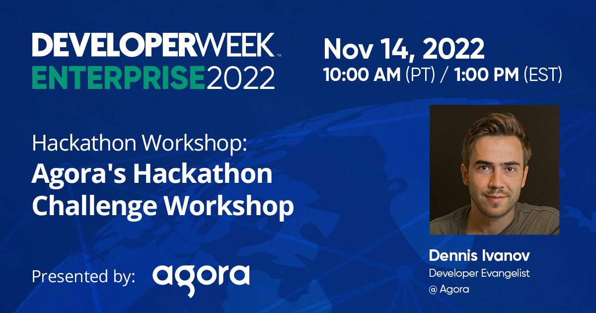 AgoraIO's tweet photo. We're proud to sponsor the @DeveloperWeek Enterprise Hackathon!
Compete in the Agora challenge and win up to $1000 + a swag box!
Join #AgoraDev @dennisivy11's workshop for more details about the challenge π
https://t.co/FUtdHXvRQX https://t.co/o8IRcCgphU