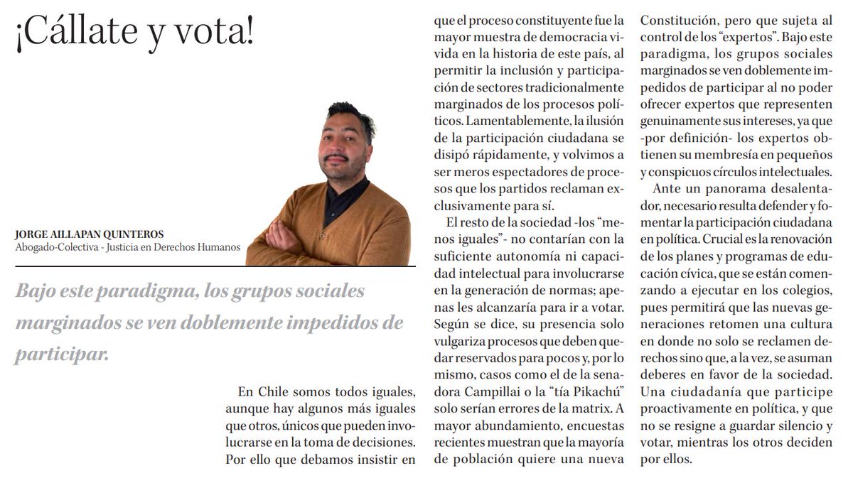Colectiva_ddhh's tweet image. 📣 ¿Cómo enfrentamos el escenario político actual en Chile? En una nueva columna en @DiarioConce, el abogado de #Colectiva, Jorge Aillapán, escribe sobre este tema y las herramientas para impulsar y asegurar la participación de todas y todos en los procesos del país 🇨🇱👇