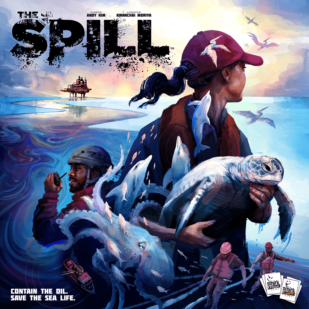 Help me rescue animals from an oil spill. I'm demoing The Spill 12-5 Saturday at @CommonspaceGC . This co-op has a great table presence from it's neat oil-platform dice tower. @SmirkandDagger @DexEnvoy