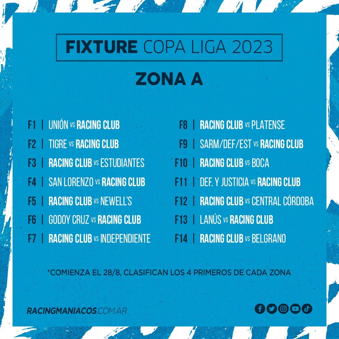 🗓️ #CopaDeLaLiga 🏆 2️⃣0️⃣2️⃣3️⃣

🙌🏻 Este es el calendario que tendrá #Racing en el segundo semestre 😍

¡Vamos, Academia! 🙌