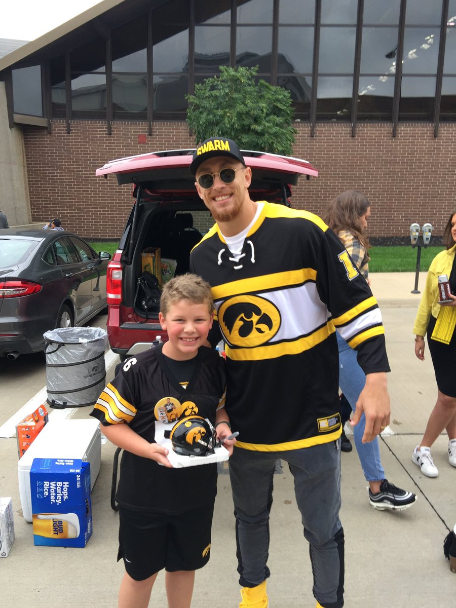 BrianRowe18's tweet photo. @higginized @HawkeyeFootball Can’t do just one!  😊 My son with George!  My son with the flyover pilots from the 2019 Penn St. home game; at Penn St. in 2020 (Covid game); my son and nephews with # 56 Nick DeJong after Penn St. in 2021. https://t.co/W1VD7uwdcG