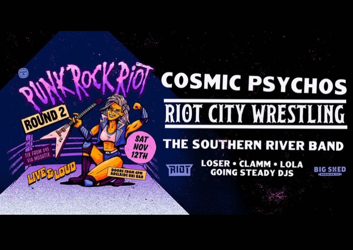 andersonrcw's tweet photo. The last time I played a gig with @cosmicpsychos was almost seven years ago to the day at Scumfest with my old band @profiteersrock (RIP🍻)
Tonight we get to do it all over again, but with wrestling! See you at @unibar_adl for #PunkRockRiot! https://t.co/1WXByE7rlM
