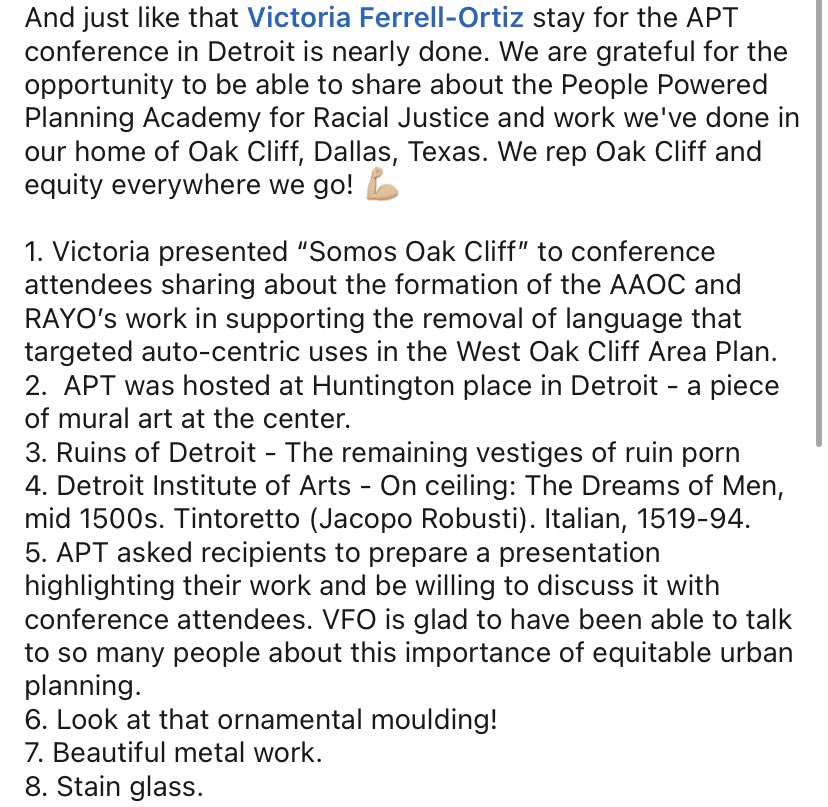rayoplanning's tweet photo. And just like that Victoria’s stay for the APT conference in Detroit is nearly done. We are grateful for the opportunity to be able to share about the People Powered Planning Academy for Racial Justice and work we've done in our home of Oak Cliff, Dallas, Texas. Read on in post. https://t.co/iCOIREzpov