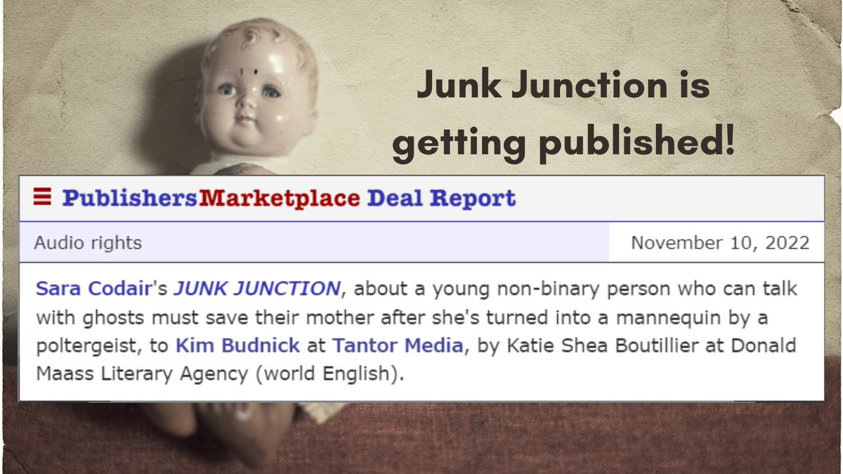 ShatteredSmooth's tweet image. I can finally talk about it! Junk Junction, the spooky middle grade book of my heart with haunted dolls, mannequins, and the cutest shop dog, is going to be a book! @wctracy from Space Wizard Science Fantasy is publishing the print/ebook book &amp;amp; Tantor Media has the audio rights!