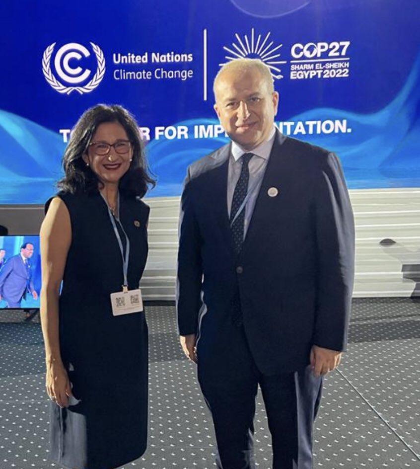 As an #Egyptian @LSEalumni I was particularly happy to greet Dame Minouche Shafik, #LSE Dir. at #COP27 where she advocated for a #green industrial revolution which could also “be the new #growth story for #Africa.” Pointed to work of @AswanForum on #climate, #peace & #development
