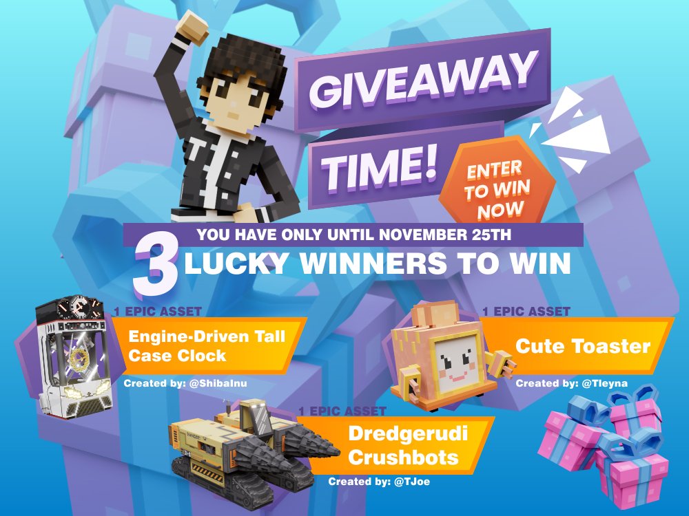 ⚡️⚡️GIVEAWAY TIME! ⚡️⚡️
I want to say thank you for all the support y'all have been giving to me on my posts and my <a href="/TheSandboxGame/">The Sandbox</a> creations!⚡️⚡️to participate: 

✅Like &amp; RT
✅Tag 3 friends
✅Follow <a href="/eslaeles/">Laele</a> 

3 Lucky winners on 11.25