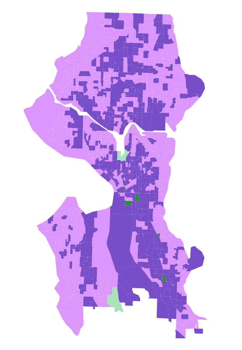 andrewmhong's tweet photo. SEATTLE PROP 1 Voting Reform Map

Purple = Ranked Choice Voting
Green = Approval Voting

*light shades denote “No on Q1” voters want to keep status quo https://t.co/W6pJjrAwEv