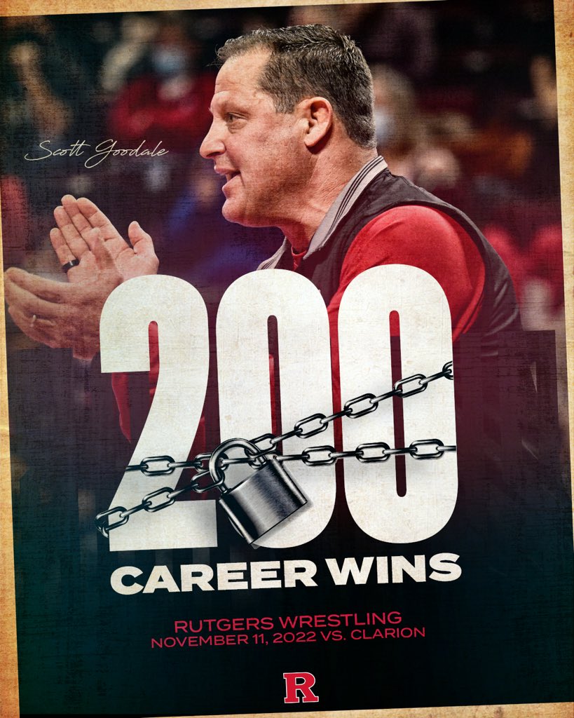 Rutgers Wrestling (@ruwrestling) on Twitter photo BOOM! Congratulations to <a href="/CoachGoodale/">Coach Scott Goodale</a>, who picked up his 200th career win as head coach with tonight’s win over Clarion!
#RelentlessPursuit | #GoRU BOOM! Congratulations to <a href="/CoachGoodale/">Coach Scott Goodale</a>, who picked up his 200th career win as head coach with tonight’s win over Clarion!
#RelentlessPursuit | #GoRU