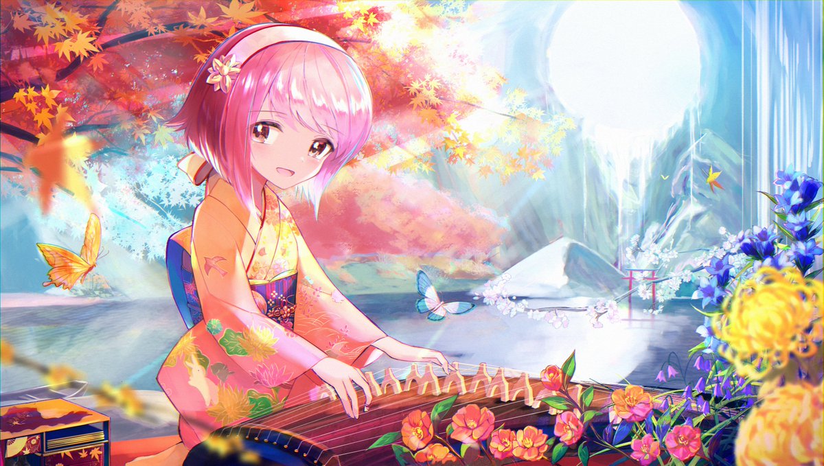1girl japanese clothes pink hair kimono butterfly short hair solo  illustration images