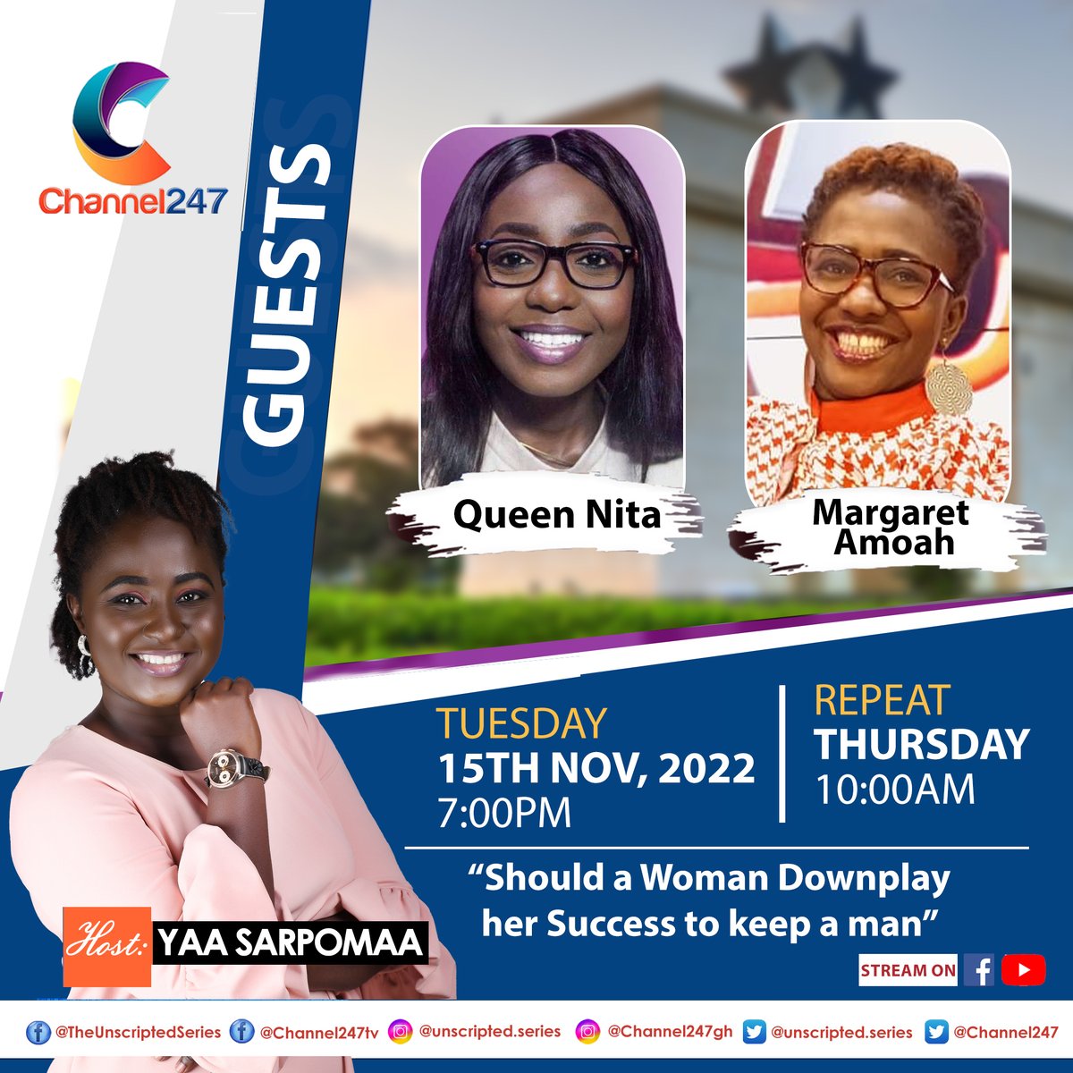 theunscripteds's tweet image. Next week on Unscripted Series, We are joined by Queen Nita and Margaret Amoah as they discuss whether or not a woman should downplay her success to keep a man. Share your views in the comments section below.
This show is being brought to you in partnership with @Channel247Info