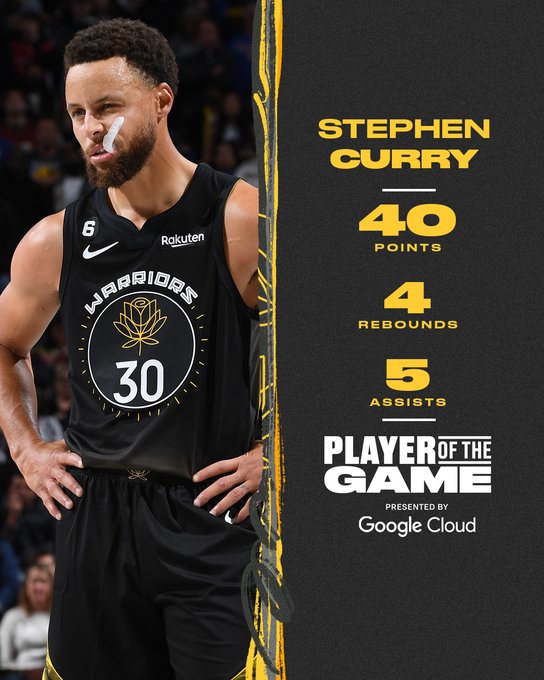 Stephen Curry stat graphic. 40 points, 4 rebounds, 5 assists