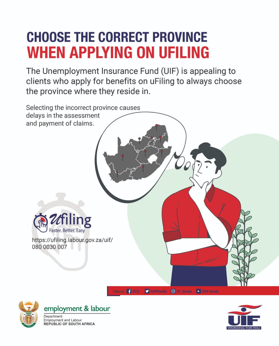 deptoflabour's tweet photo. Good morning, the #UIF is appealing to clients who apply for benefits on #uFiling always to choose the province they reside in.
Selecting the incorrect province causes delays in the assessment and payment of claims https://t.co/Zo90PzUBdJ