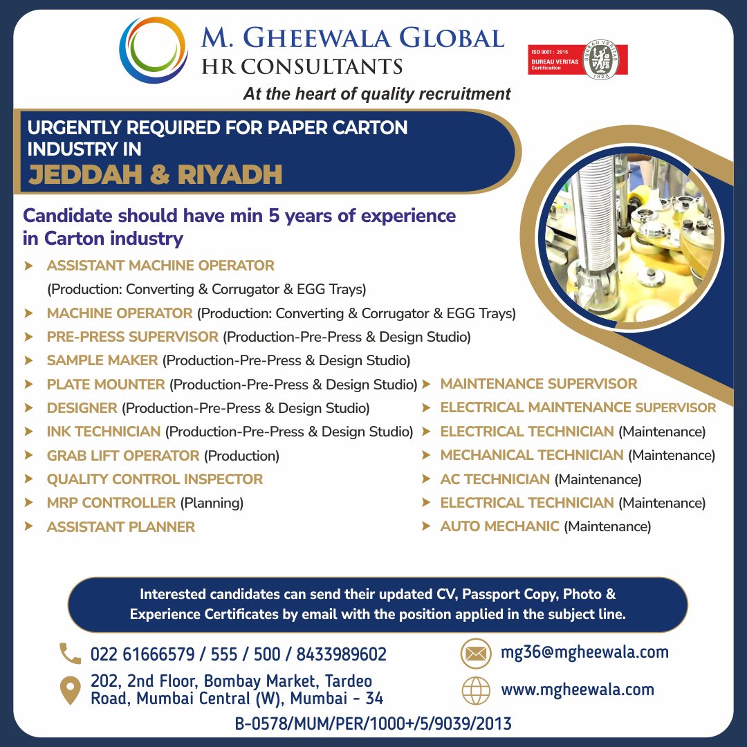 mgheewala_hrc's tweet photo. Job Vacancies for #Saudiarabia
Interested Candidates can send the updated resume to mg36@mgheewala.com
Learn More https://t.co/Ps4bxv2mB1
#gulf #papercarton #machineoperator #samplemaker #prepresssupervisor #platemounter #supervisor #automechanic #actechnician #designer https://t.co/zRzRbebYpD