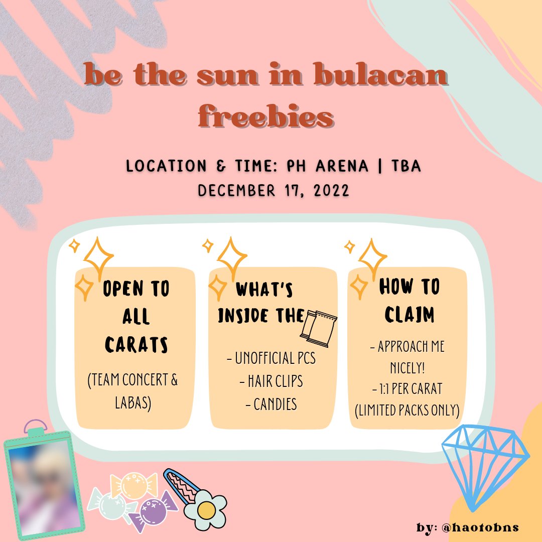 rüth (@haotobns) on Twitter photo ˗ˏˋ be the sun in bulacan freebies | #SEVENTEEN ˎˊ˗
hello!! i'll be giving away freebies for be the sun in bulacan on Dec 17 2022!
– strictly 1:1 (limited packs only)
– show this twt on d-day
– rt & like to spread !
#SEVENTEEN #BeTheSunInBulacan ˗ˏˋ be the sun in bulacan freebies | #SEVENTEEN ˎˊ˗
hello!! i'll be giving away freebies for be the sun in bulacan on Dec 17 2022!
– strictly 1:1 (limited packs only)
– show this twt on d-day
– rt & like to spread !
#SEVENTEEN #BeTheSunInBulacan