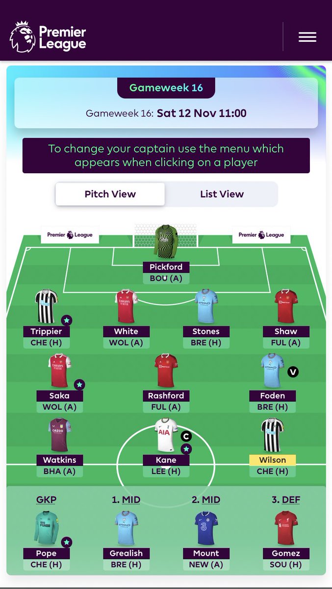 EnglandFC_FPL's tweet photo. GW16 - Squad Announcement

🦁Calvert Lewin has gone and Watkins has come in for a 1 week chance to impress. 
🦁If the early team news says Grealish starts then he’ll come into the 11, probably for Shaw or Foden if benched again. 
🦁Kane captain. 

#FPL #FPLCommunity #ThreeLions https://t.co/dnW5swTUo3