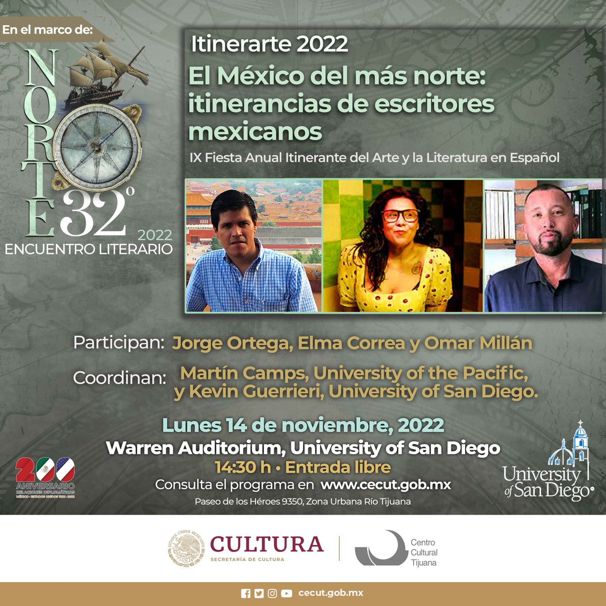 cecut_mx's tweet photo. "El México del más norte: itinerancias de escritores mexicanos"
Con: Jorge Ortega, Elma Correa y Omar Millán
Coordinan: Martín Camps y Kevin Guerrieri
🗓14 de noviembre
📍Warren Auditorium, University of San Diego
⏱️14:30 h
👉Entrada libre
#Norte32° Encuentro Literario 2022 📚 https://t.co/TpO5LPvB7t