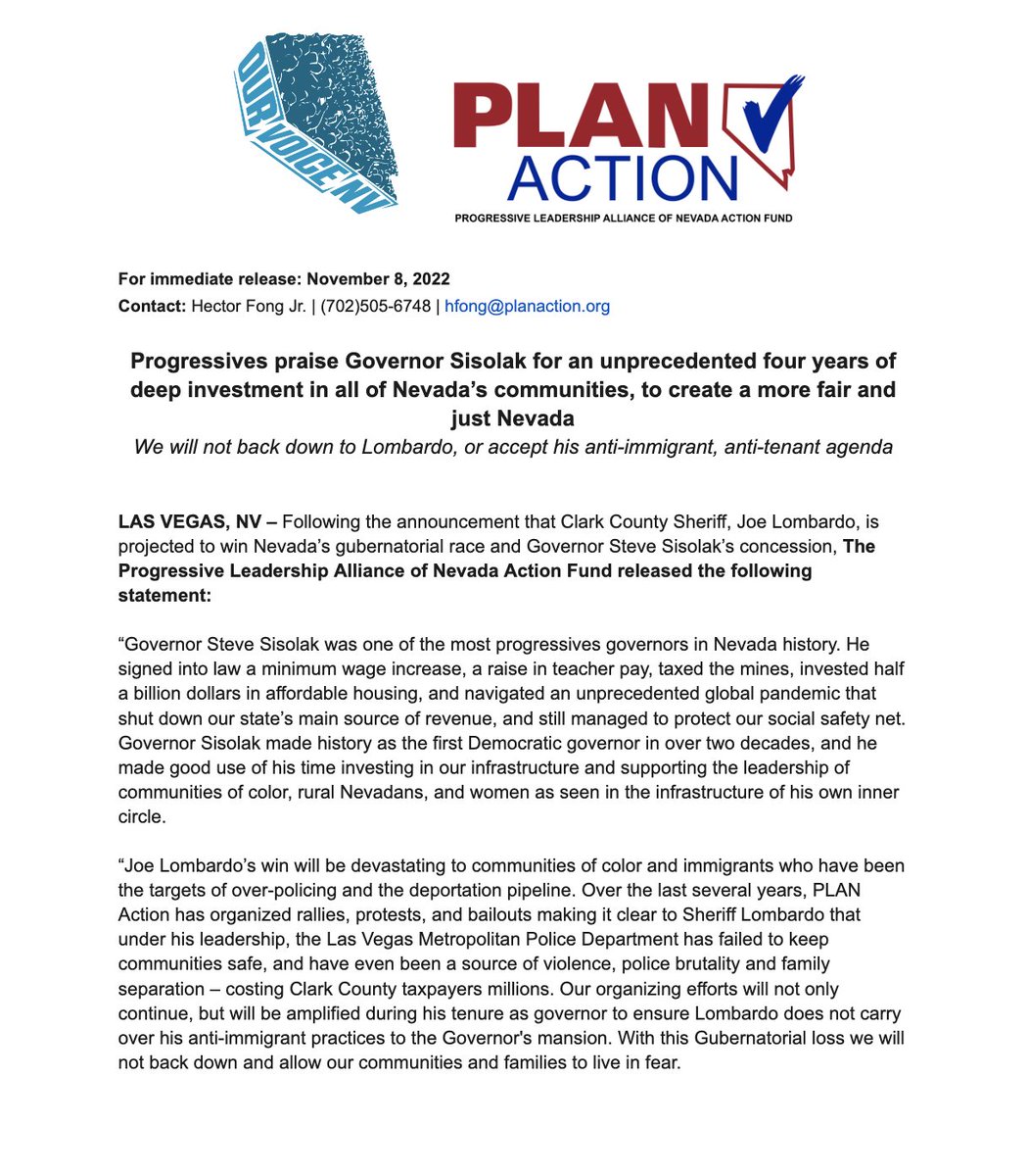 PLANactionNV's tweet photo. Thank you @SteveSisolak! 
"With this Gubernatorial loss we will not back down and allow our communities and families to live in fear." #ThriveNotJustSurvive #OurVoiceNV

Read our full statement below on the #nvgov results ⬇️ https://t.co/Z3U0eT2WQm