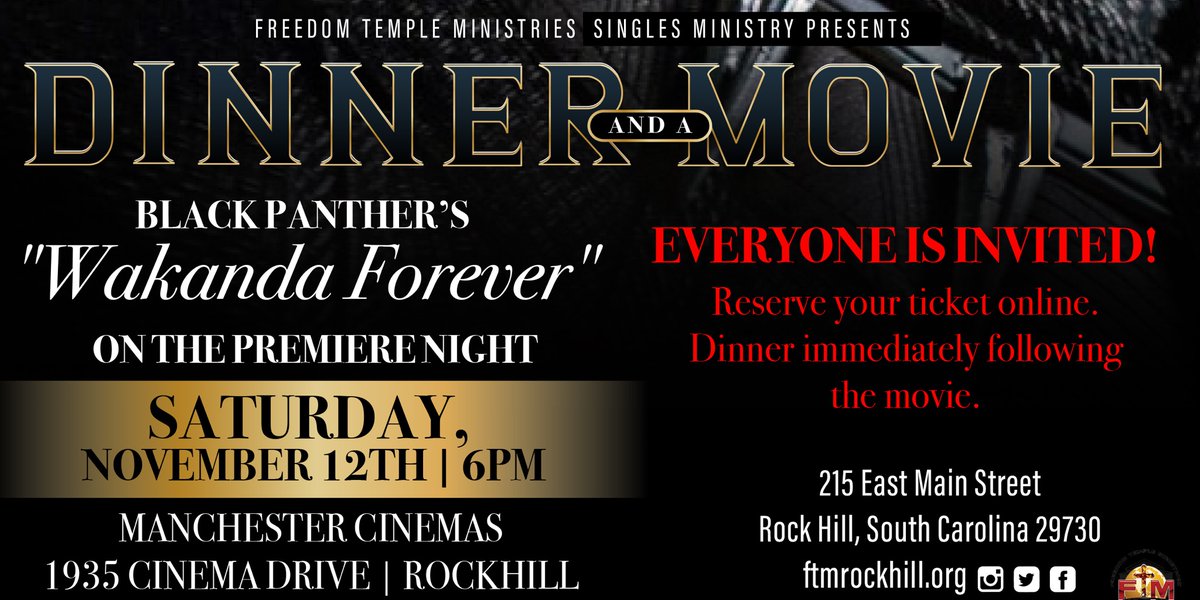 FTM_SC's tweet photo. Reminder! Singles Ministry Event: Dinner and a Movie this Saturday at 6 pm! Reserve your tickets online. Everyone is invited! #ftmrockhill https://t.co/heoSxpYpgN
