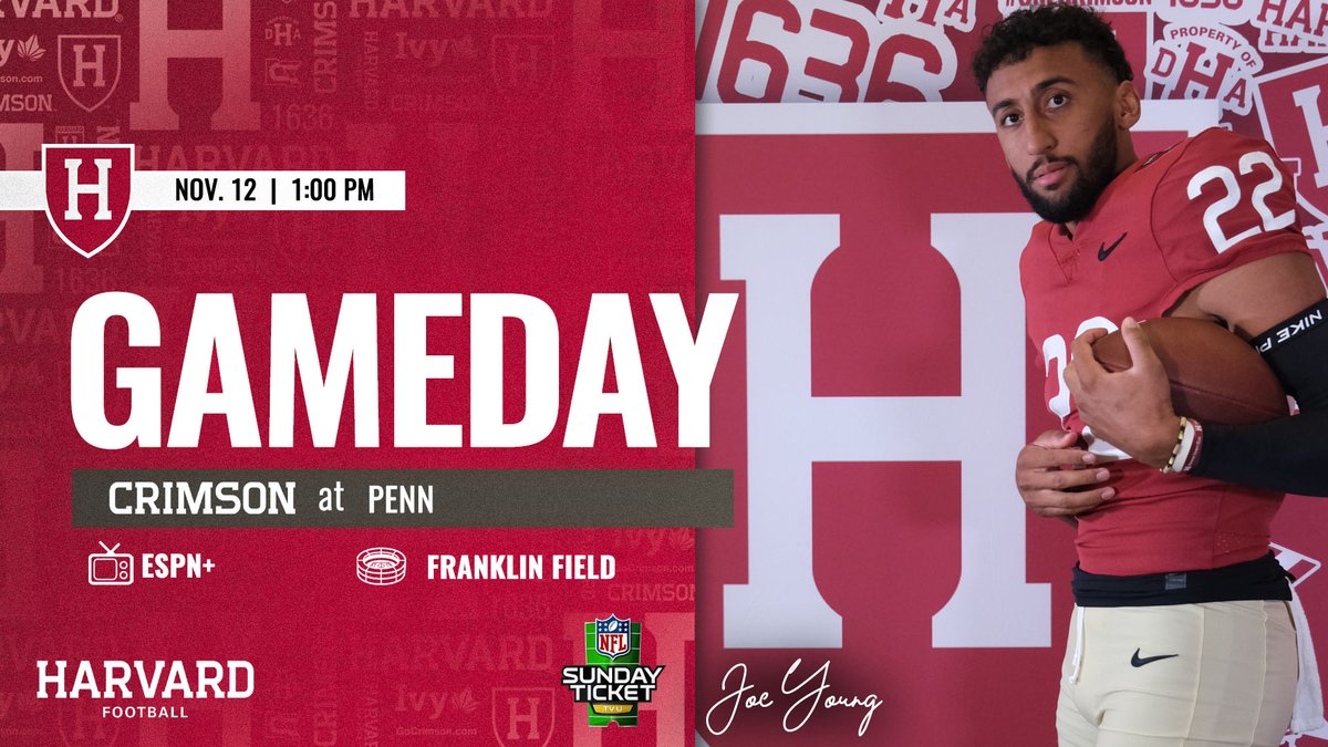 HarvardFootball's tweet photo. Bringing the vibes to Franklin Field this afternoon.

🆚 Penn
⏰ 1:00 PM
📍 Philadelphia, Pa.
📺 ESPN+ (https://t.co/tgxXoSo8ec)

#OneCrimson 

Don’t miss any Sunday afternoon action with NFL Sunday Ticket. Only from 
@DIRECTV
: https://t.co/kIJiIHm3x4 https://t.co/BzNaDwifKo