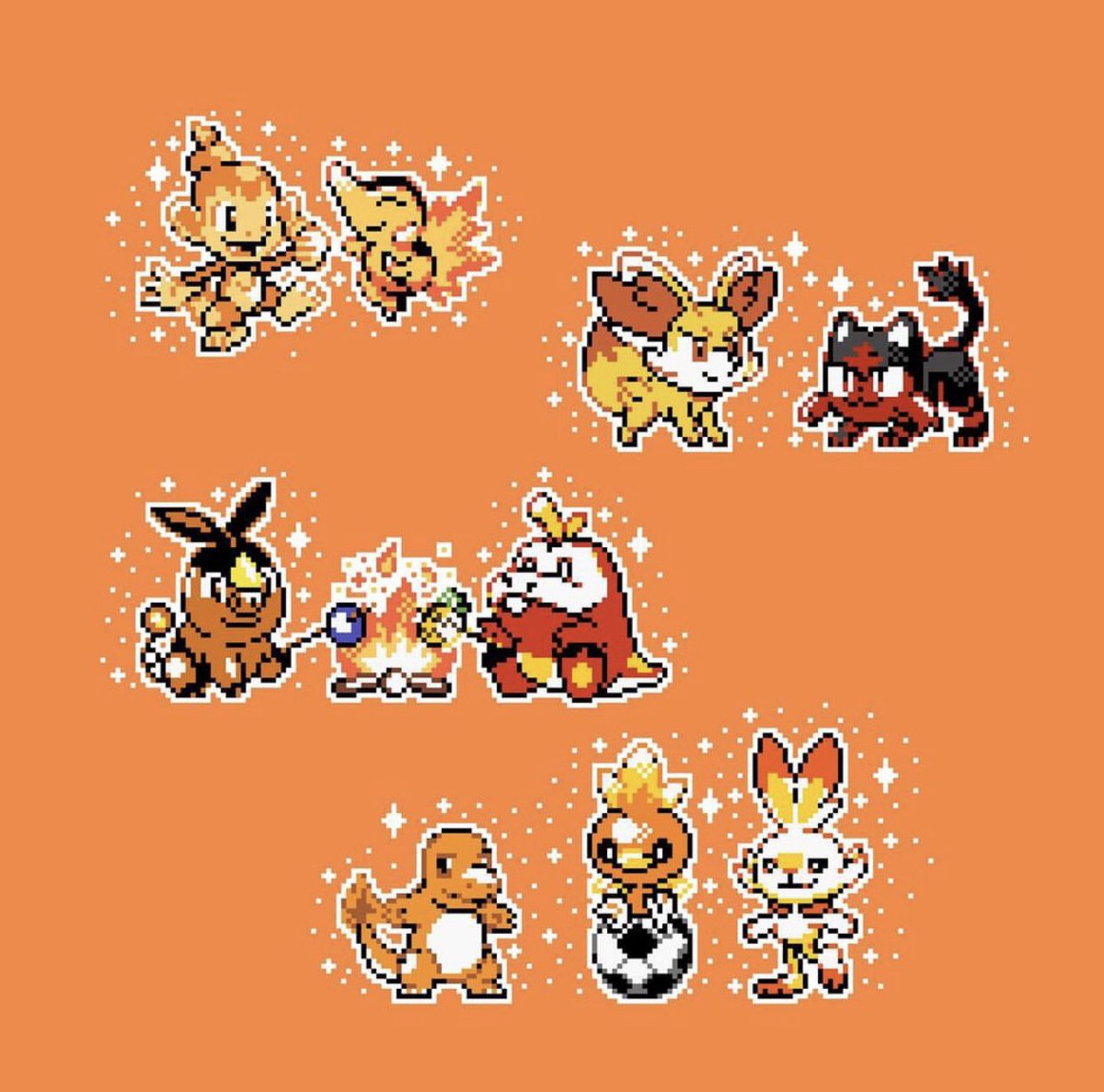 charmander ,scorbunny pokemon (creature) no humans fire orange background sparkle flame-tipped tail soccer ball  illustration images