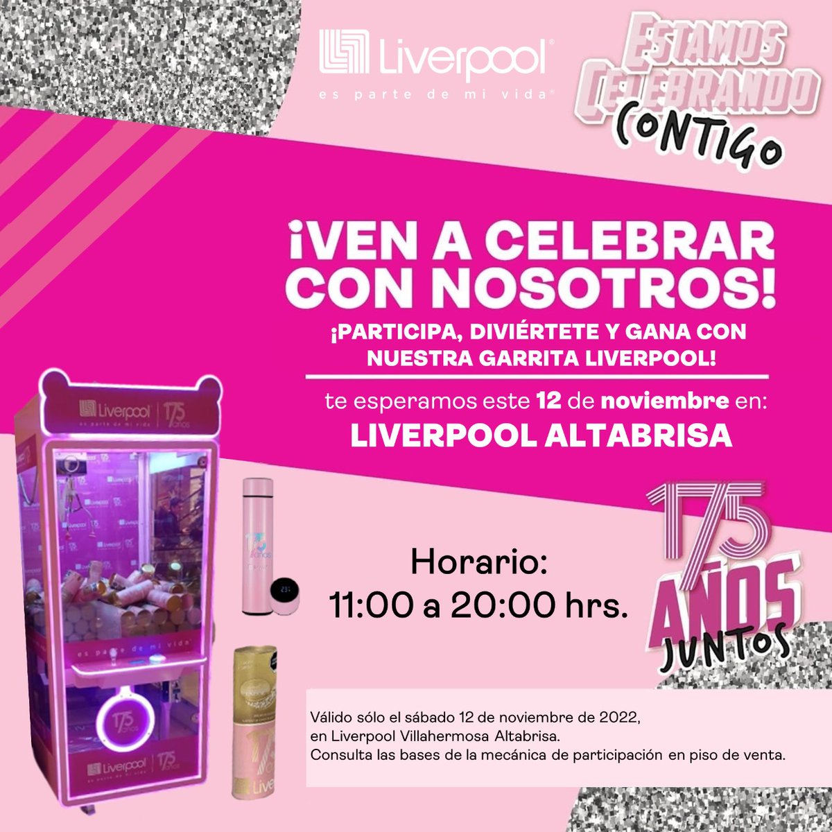 rarroyoo's tweet photo. ¡¡Ven a Liverpool Altabrisa y sigamos celebrando juntos nuestro 175 Aniversario!!🤩

Participa, diviértete y gana con nuestra Garrita Liverpool!!!❤
Día y horario de participación: sábado 12 de noviembre de 11:00 a 20:00 hrs.

Consulta las bases de participación en tienda. https://t.co/IvjisP2oAf
