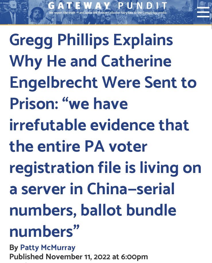 “True the Vote investigator and election fraud hero Gregg Phillips shared some interesting information…that may explain the unexplainable Fetterman victory for in PA.” Phillips told Allegheny Co. residents specifically, “Your leaders sold you & America out to China.” #2000Mules