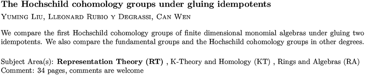 arxiv.org/abs/2211.05435…
Y Liu et. al.
The Hochschild cohomology groups under gluing idempotents