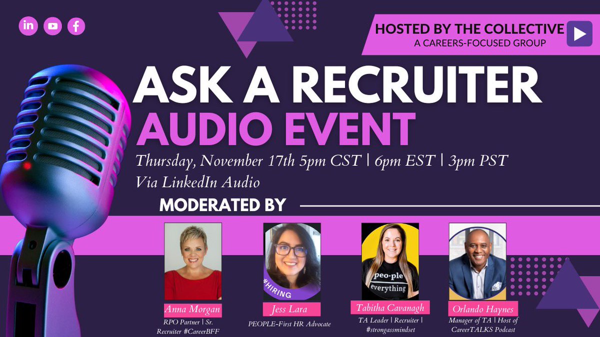 •Ask a Recruiter• #AudioEvent coming up next Thursday Nov 17th on <a href="/LinkedIn/">LinkedIn</a> ! 

#TabTheRecruiter 
#CareerBFF 
🎙<a href="/OrlandoHaynes2/">CareerTALKS Podcast</a>