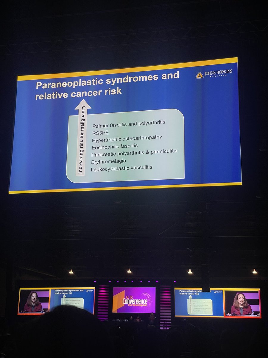 My hallmark of the day was to recognize the different rheumatic paraneoplastic syndromes and the relative cancer risk. #ACR22 #Reviewcourse