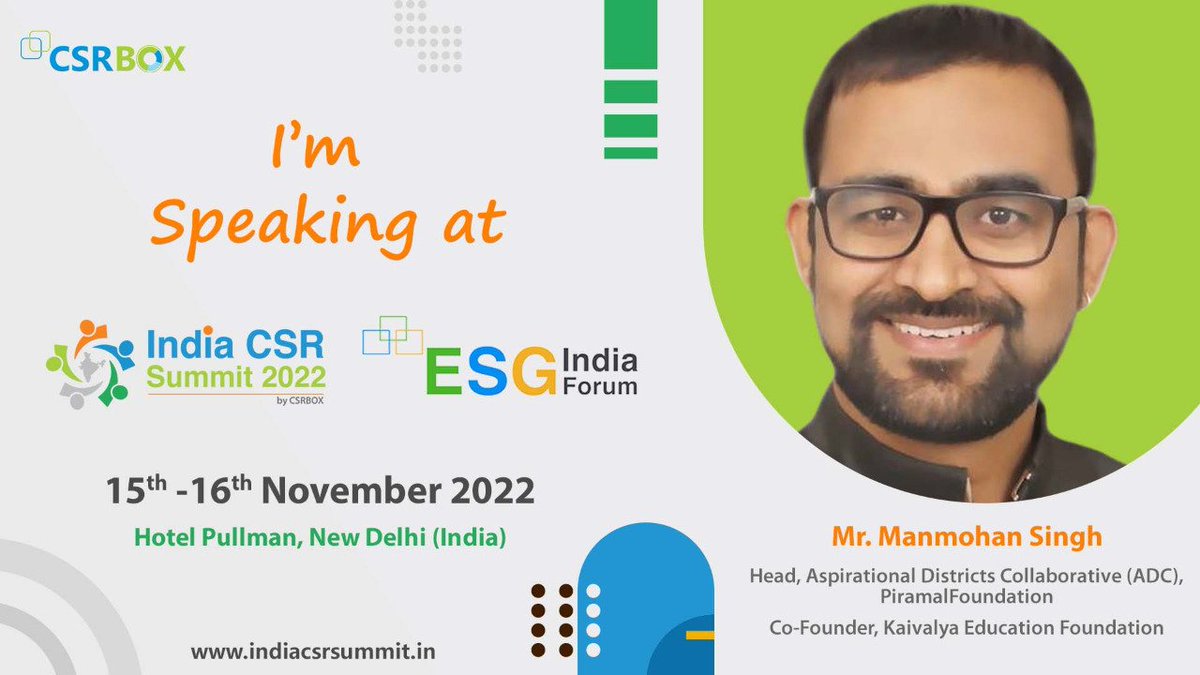 Manmohan4Peace's tweet image. I will be moderating a session with CSR, NGO &amp;amp; government leaders as speakers on #AspirationalDistricts at the 9th India CSR Summit, hosted by #CSRBOX on the 15th of November 2022 at Hotel Pullman, New Delhi. 
@bhomikjain indiacsrsummit.in