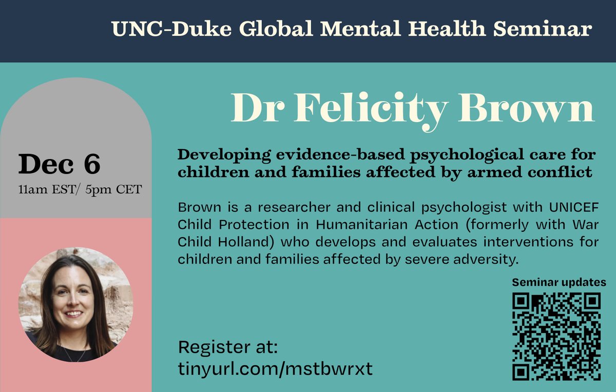 How could programs protect child #mentalhealth during armed conflict? 

On Dec 6, Dr Felicity Brown will unpack socio-ecological innovations from <a href="/unicefprotects/">UNICEF Child Protection</a> and <a href="/WarChild_RD/">Research and Development War Child</a>.

Register to attend online or in-person @ tinyurl.com/mstbwrxt