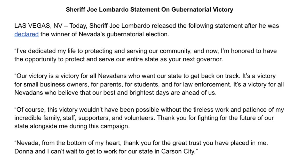 JoeLombardoNV's tweet photo. We did it, Nevada! Thank you so much for the great trust you’ve placed in me. Together, we’re going to get our state back on track. #nvgov https://t.co/bSLHSmE5bP