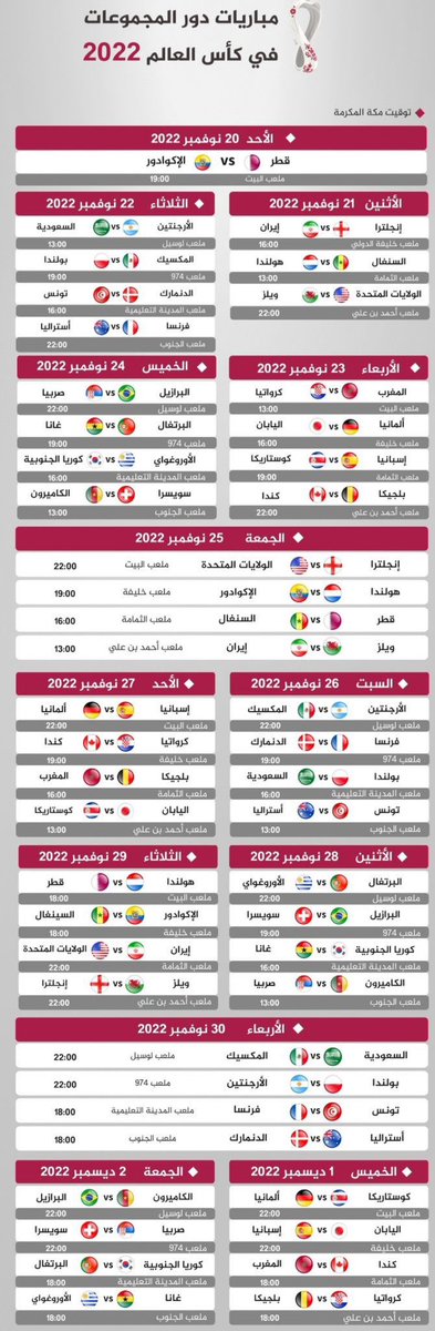 world_cup_ksa's tweet photo. جدول مباريات #كأس_العالم_قطر_2022 "بجودة عالية 4K" ..
📆 التاريخ
⏱ التوقيت
🏟 الملعب

#مونديال_قطر_2022 https://t.co/kFERVHoBoH