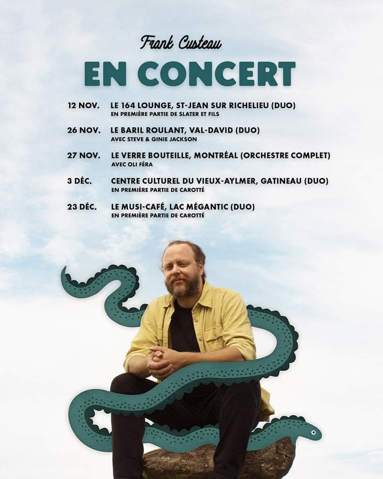 J'ai quelques spectacles qui s'en viennent, tous en duo avec Tony Auger sauf au <a href="/verrebouteille/">Verre Bouteille</a> où ça va se passer full band !
Avec @slater_et_fils Steve &amp; Ginie Jackson  Oli Féra  et @Carottepunktrad ! ❤️🏆🐟