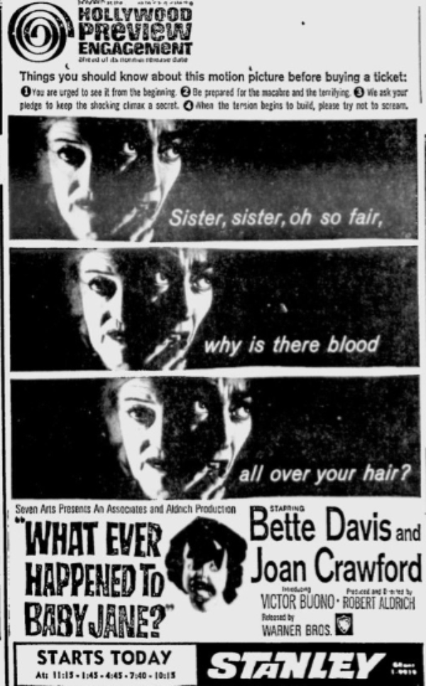 Joek72's tweet photo. A Movie that goes Well in Primetime Or Underground and was A TCM Big Screen Classic for It's 60th Anniversary this Year in June! Ads from The Oct 25th and Nov 9th 1962 Pittsburgh Press. #WhatEverHappenedtoBabyJane #TCMBigScreenClassics  #TCMUnderground #TCMParty #FilmTwitter https://t.co/pDG6VDwP9U