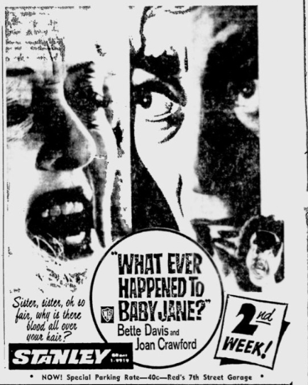 Joek72's tweet photo. A Movie that goes Well in Primetime Or Underground and was A TCM Big Screen Classic for It's 60th Anniversary this Year in June! Ads from The Oct 25th and Nov 9th 1962 Pittsburgh Press. #WhatEverHappenedtoBabyJane #TCMBigScreenClassics  #TCMUnderground #TCMParty #FilmTwitter https://t.co/pDG6VDwP9U