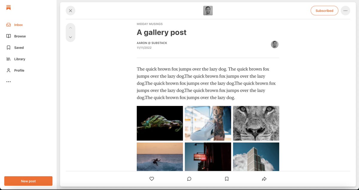 Substack's tweet photo. A long-requested feature is now available for writers: image galleries.

You can now upload multiple images side-by-side from within the editor. Enjoy! https://t.co/6xHP1JVhlR