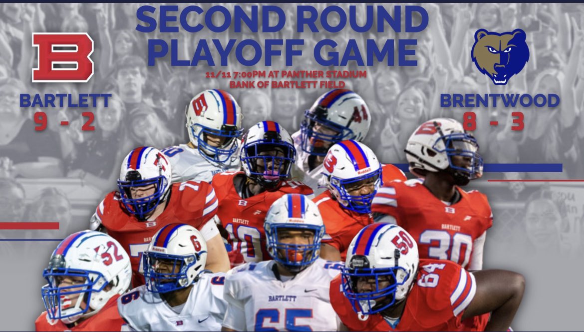 Bartlett defeats Brentwood 28-7. @WeAreBartlettFB moves to 10-2 and advances to the quarterfinals next week and host Germantown.