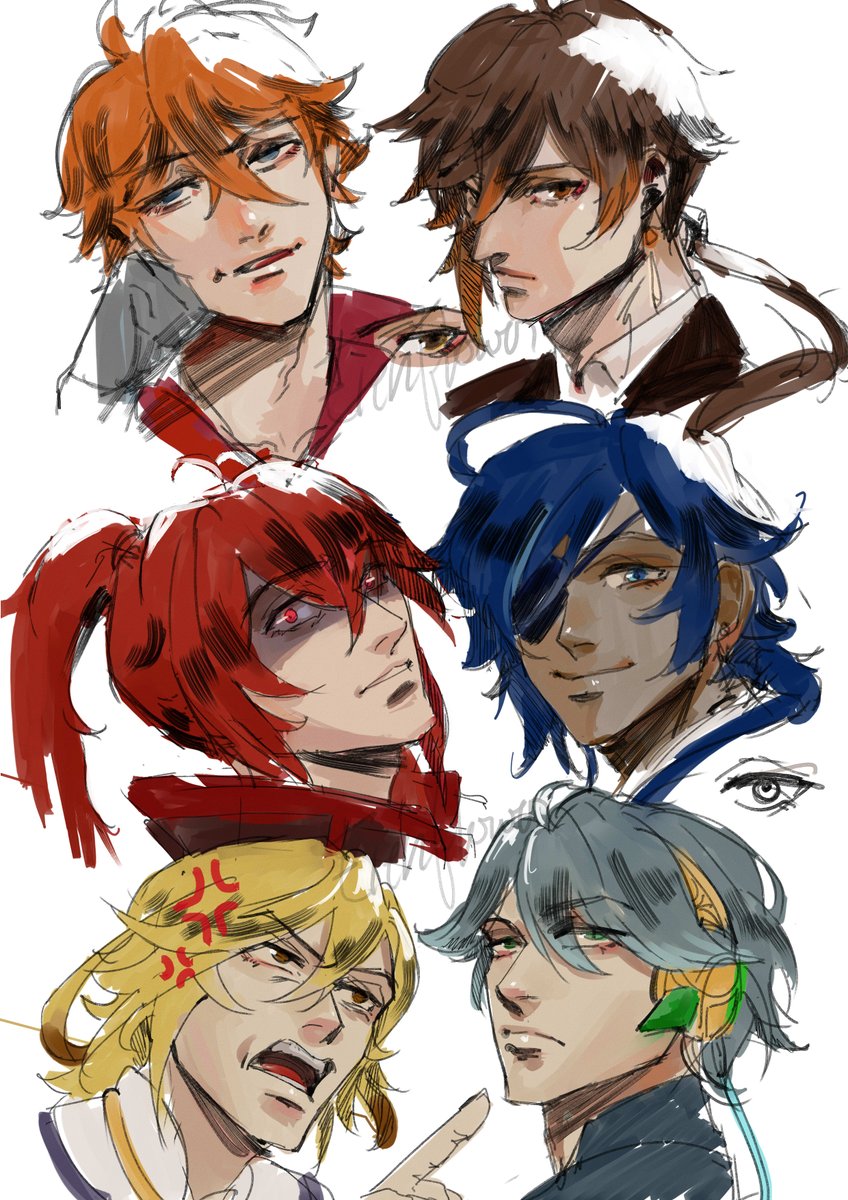 diluc (genshin impact) ,kaeya (genshin impact) ,tartaglia (genshin impact) ,zhongli (genshin impact) multiple boys eyepatch red hair blonde hair male focus ponytail blue hair  illustration images