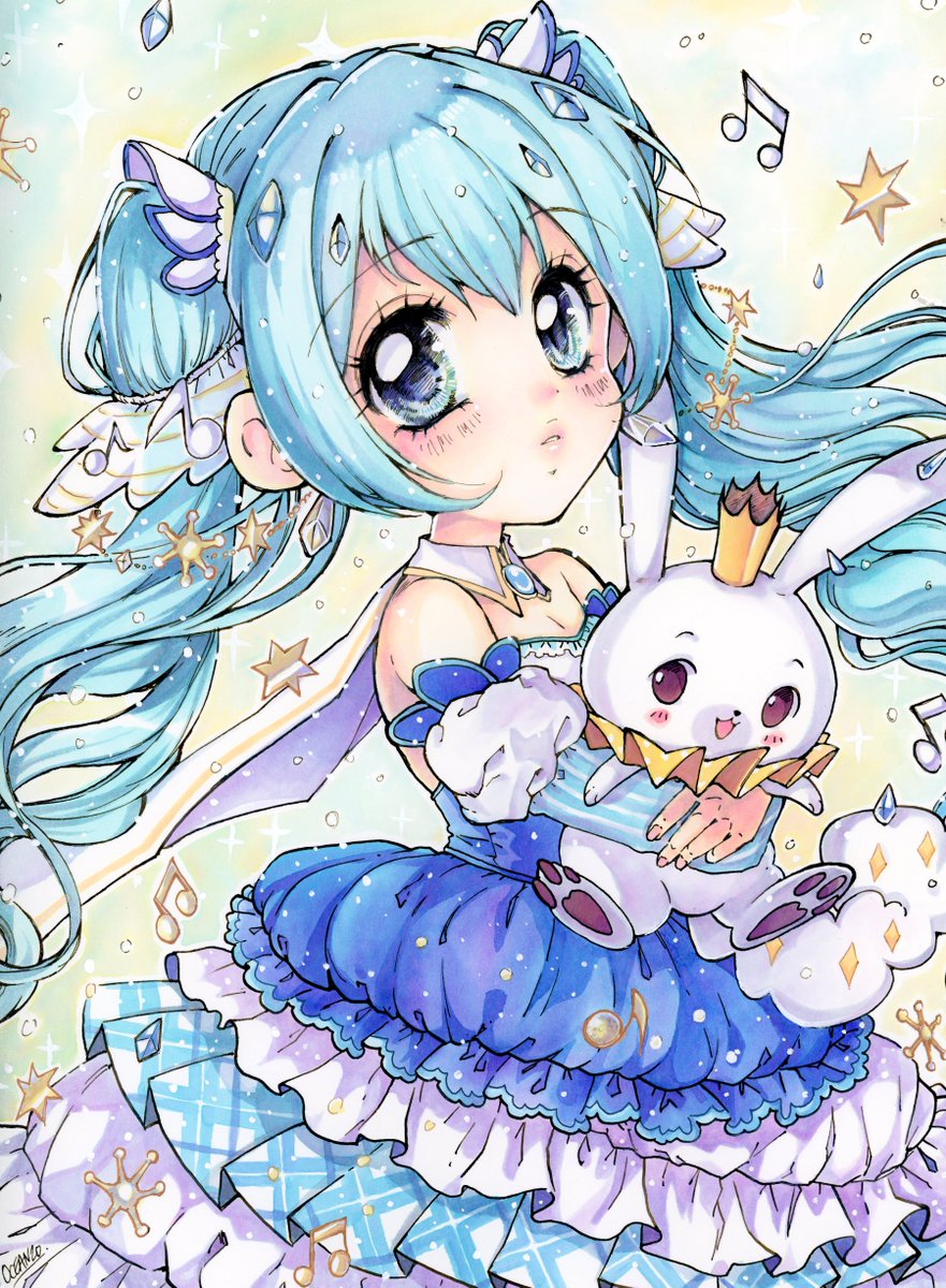 hatsune miku ,rabbit yukine ,yuki miku 1girl musical note beamed eighth notes dress long hair rabbit twintails  illustration images