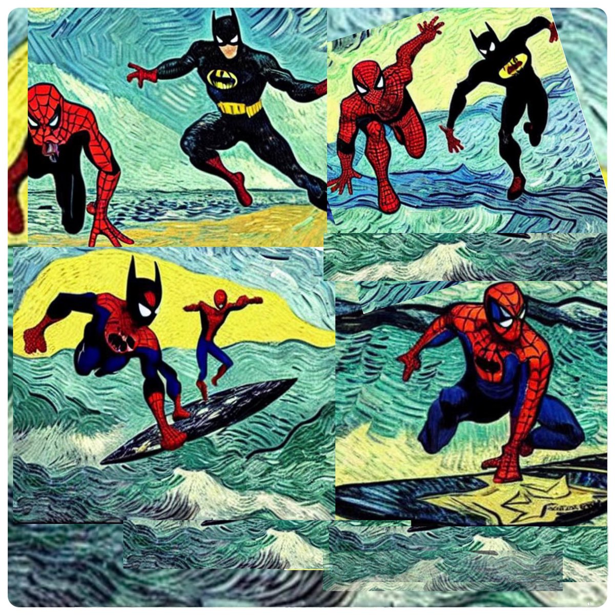 jelowatanuki's tweet photo. #AIart #pixelcut I call this spider-Man and Batman surfing by Vincent van Gogh https://t.co/BNTkbjnhdn