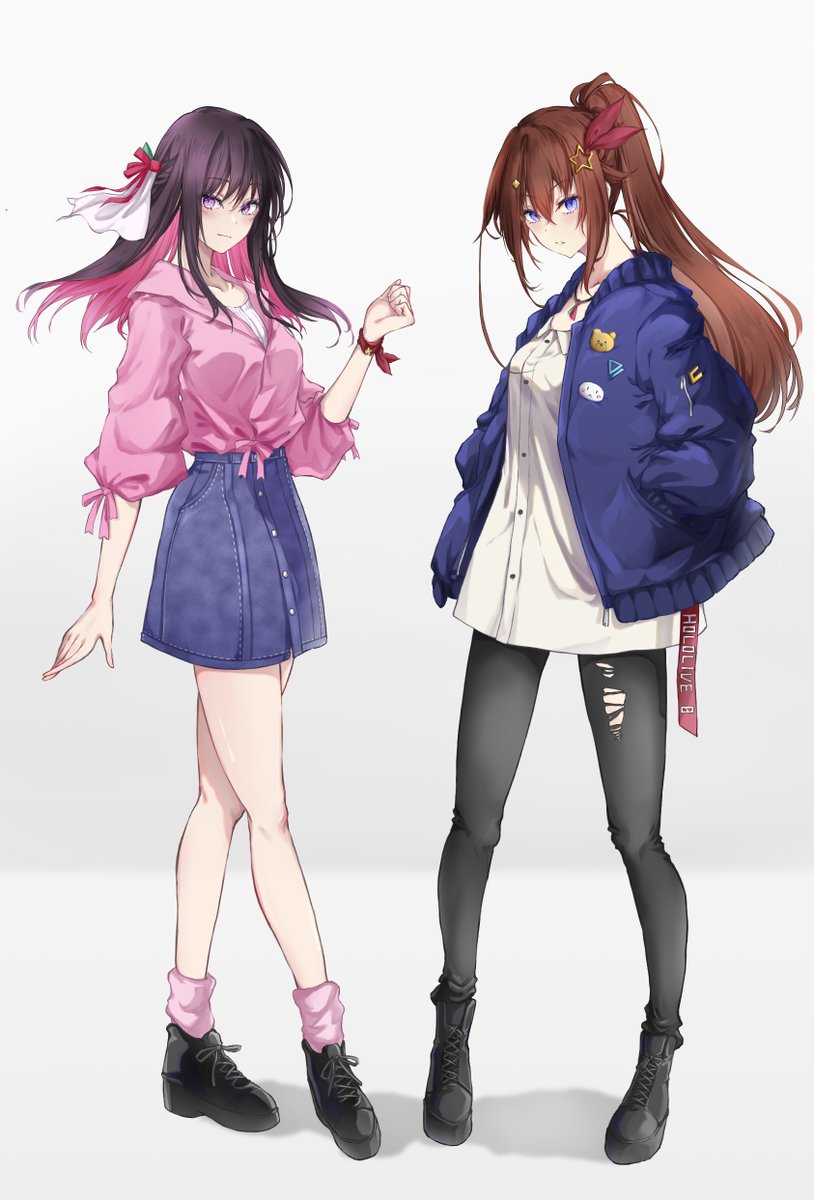 tokino sora multiple girls 2girls brown hair blue eyes long hair denim jacket  illustration images